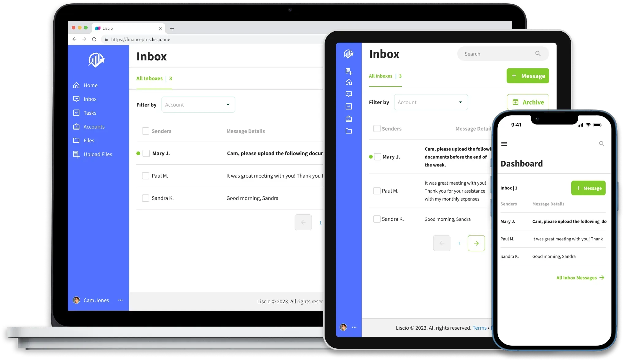 Liscio client portal shown branded across phone, tablet, and desktop
