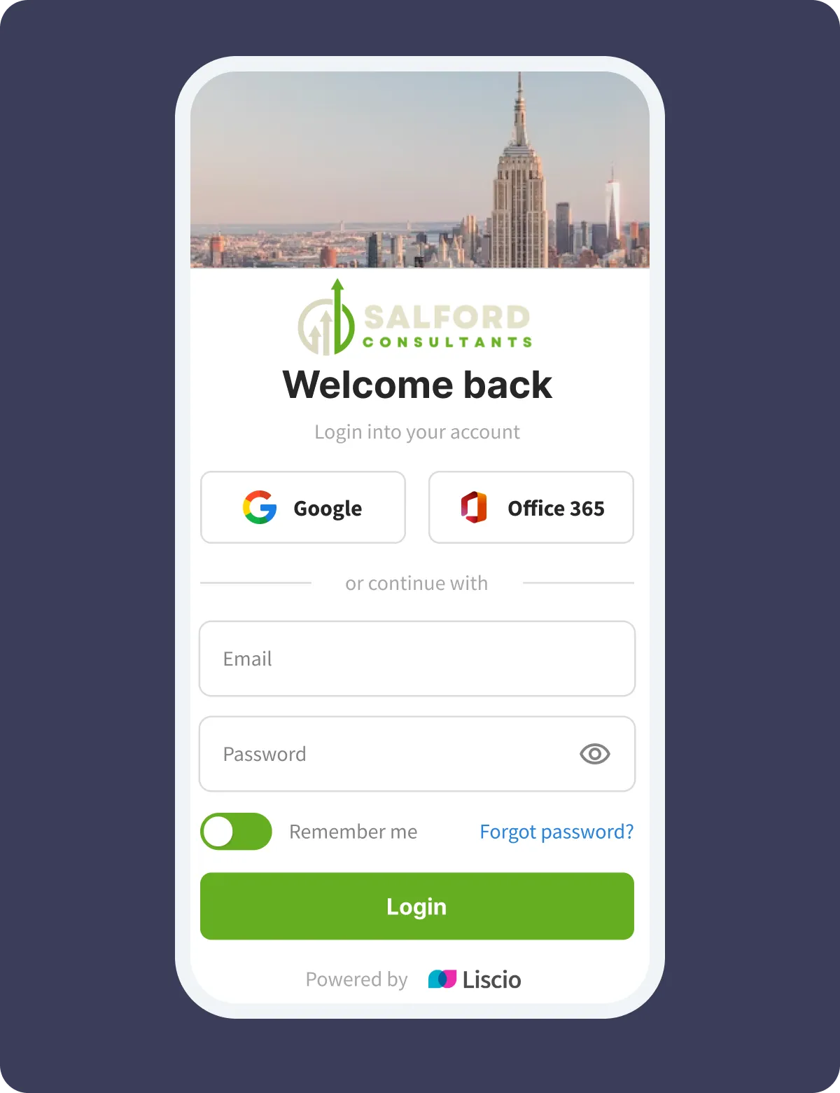 Custom branded Liscio login screen for an accounting firm