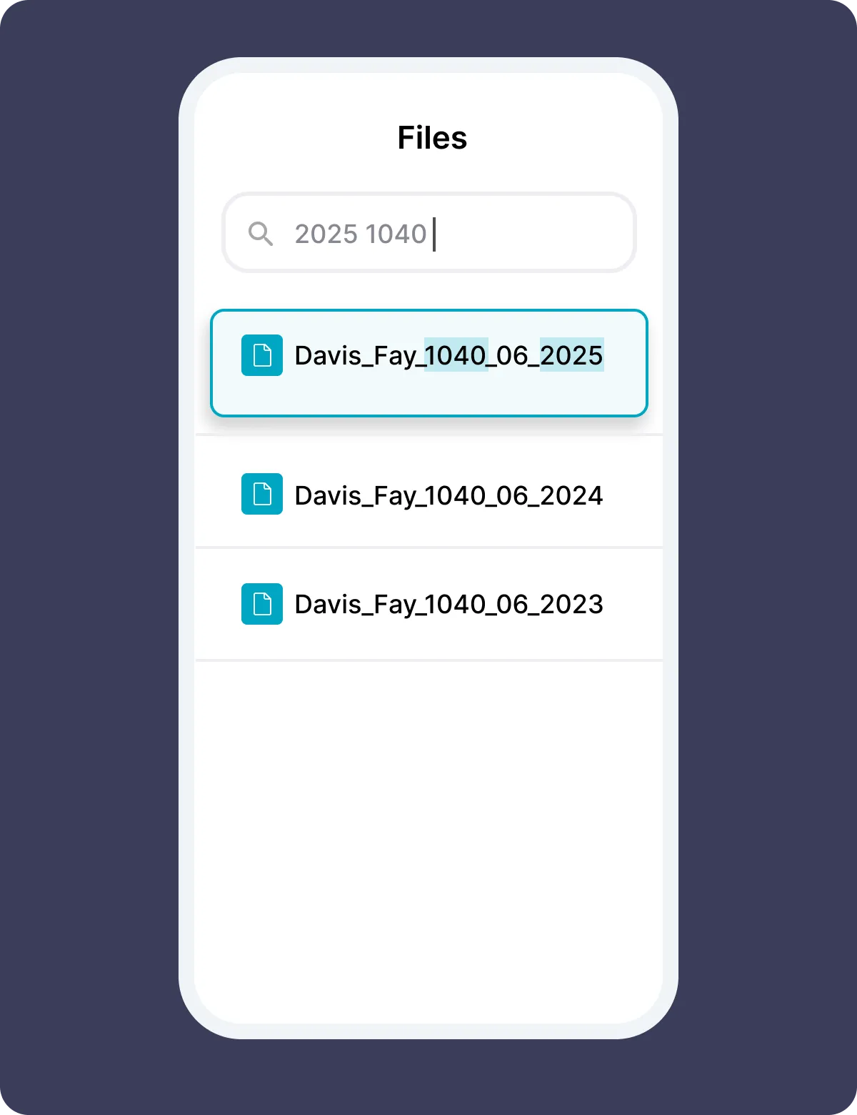 Liscio mobile file search showing instantly findable documents