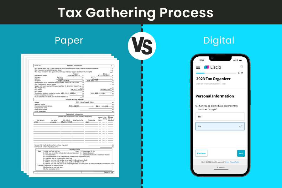Graphic of tax gathering comparison of a paper tax organizer and mobile digital organizer.