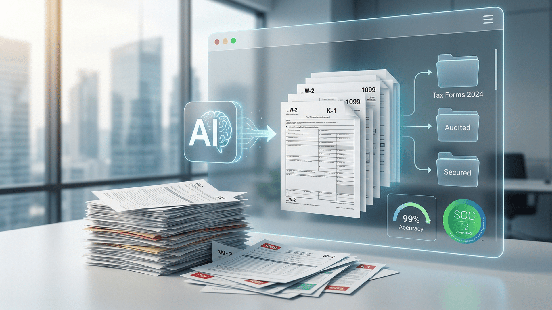Graphic showing a stack of tax documents being processed by AI into organized, secure folders with 99% accuracy.