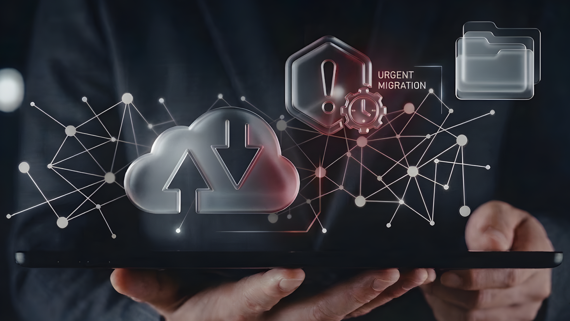 Digital graphic of cloud upload/download icons and an urgent migration alert on a tablet.