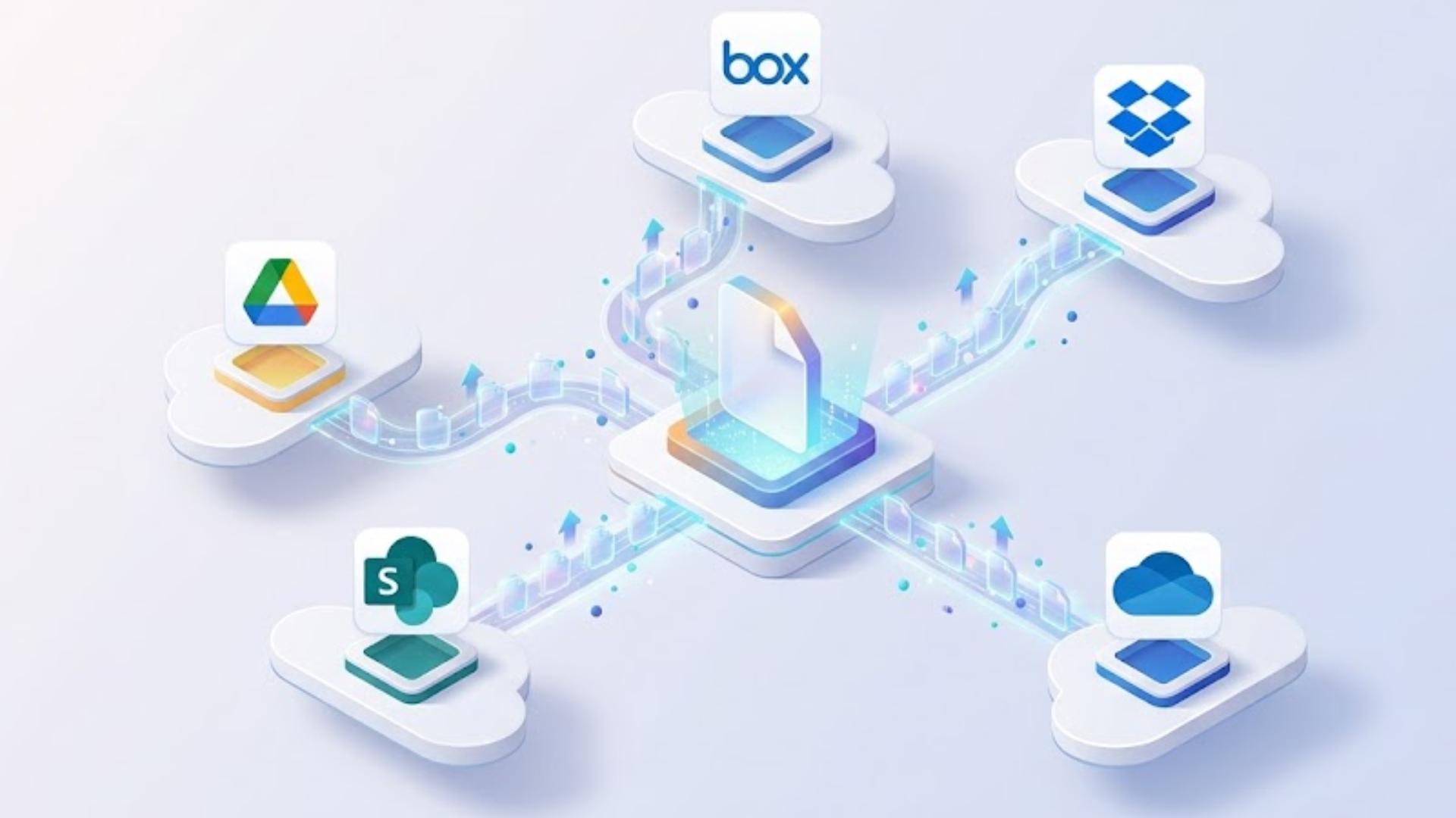 3D graphic of a single file at the center migrating outward to multiple destinations including cloud storage, a server, and a document management system.