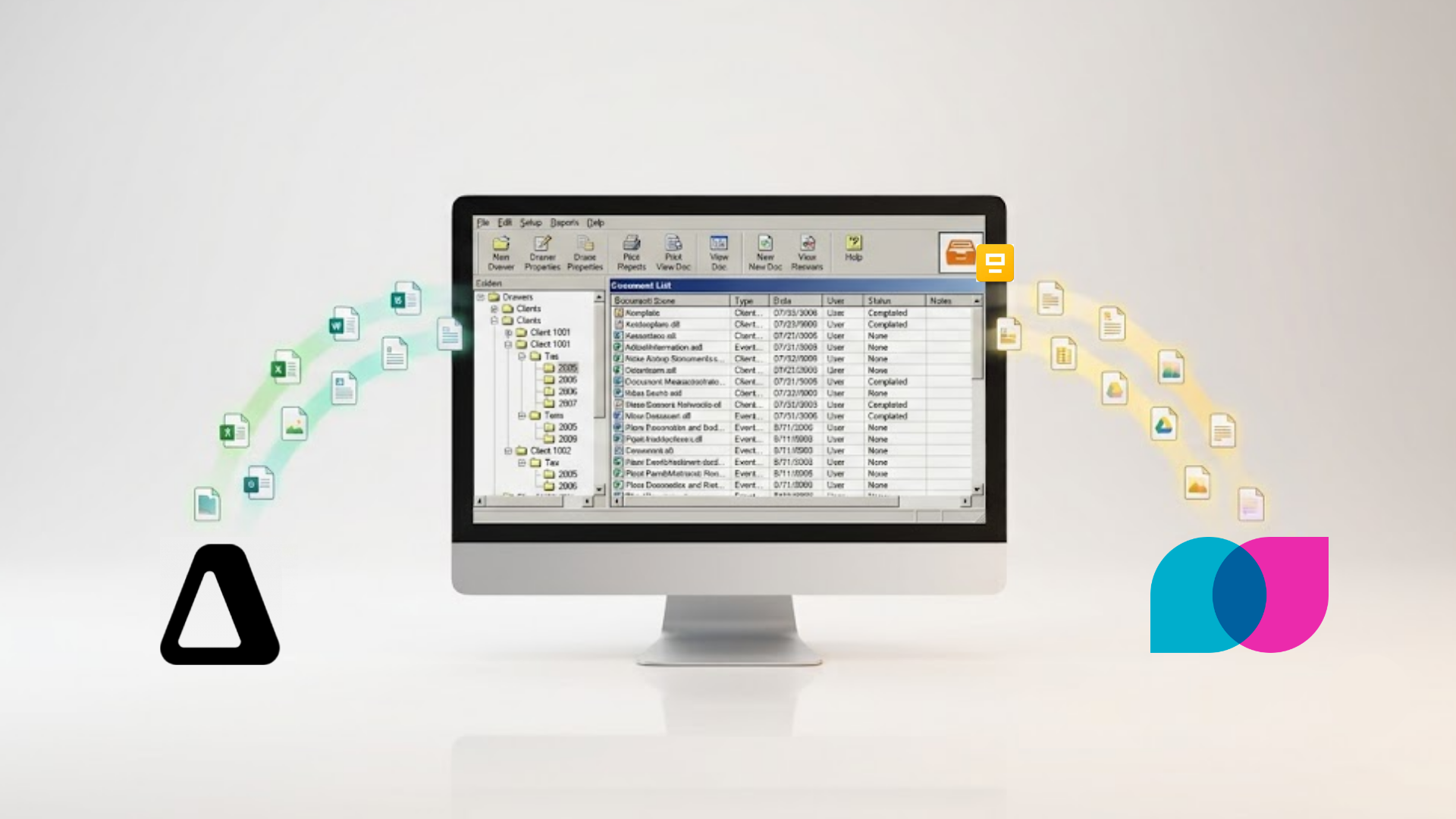 FileCabinet CS to Canopy vs Liscio: a dated FileCabinet CS interface with files flowing out to the Canopy logo and the Liscio logo.
