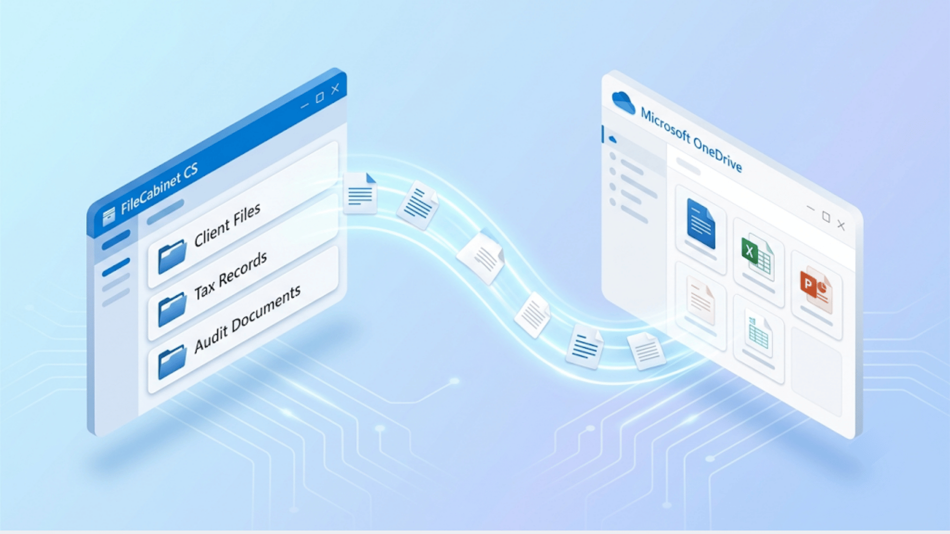 Diagram of FileCabinet CS documents moving toward OneDrive and a structured library with classification metadata.