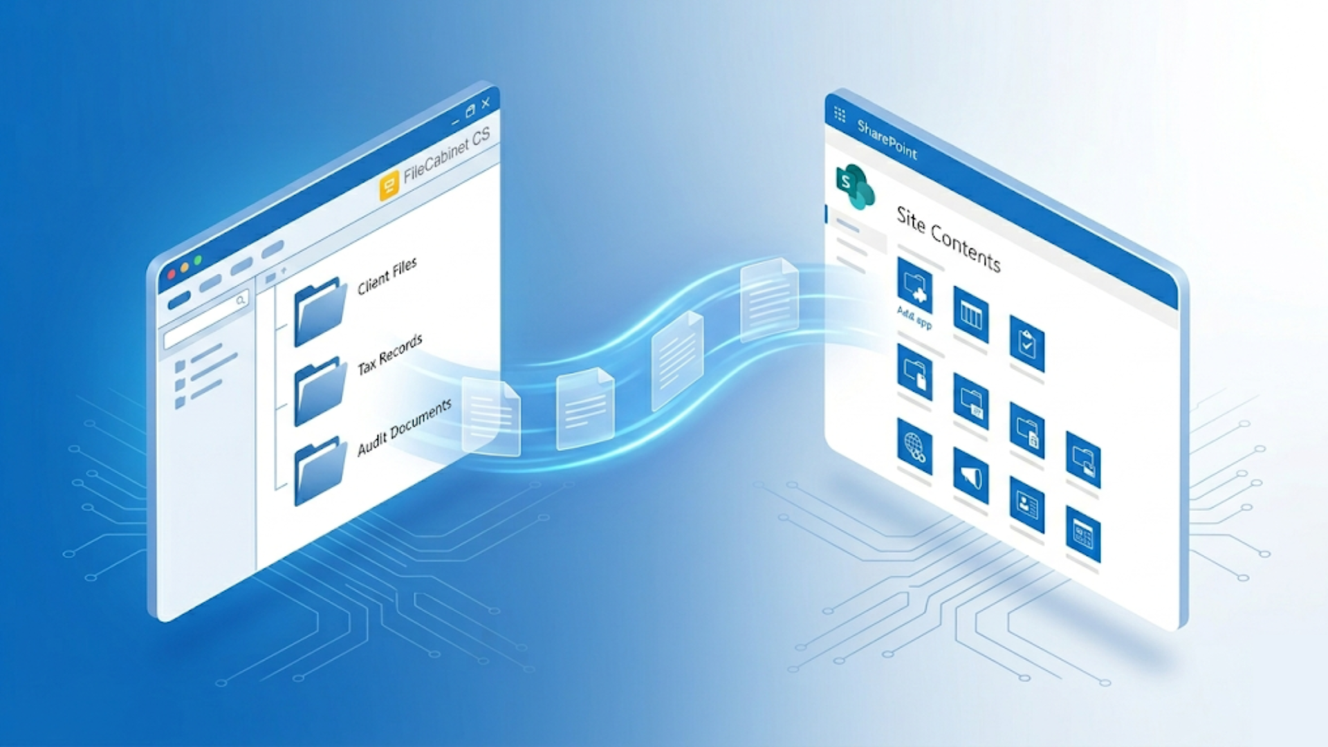 Illustration of files transferring from FileCabinet CS folders into a SharePoint site.