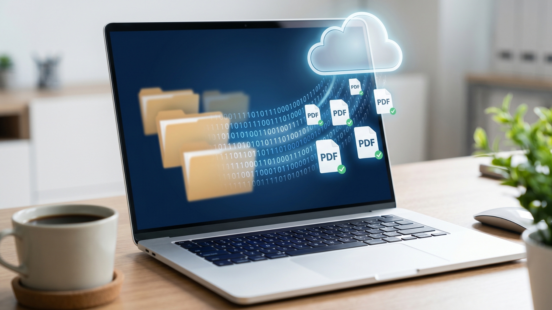 Laptop showing PDF files transferring from folders to the cloud during a FileCabinet CS export.