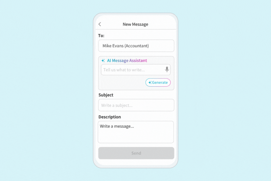 Animated demo of a client tapping the microphone icon in the Liscio app to record a message, with AI instantly drafting a written reply.