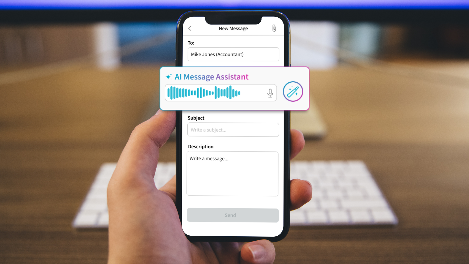 Phone showing the Liscio AI Message Assistant drafting a message from a voice recording.