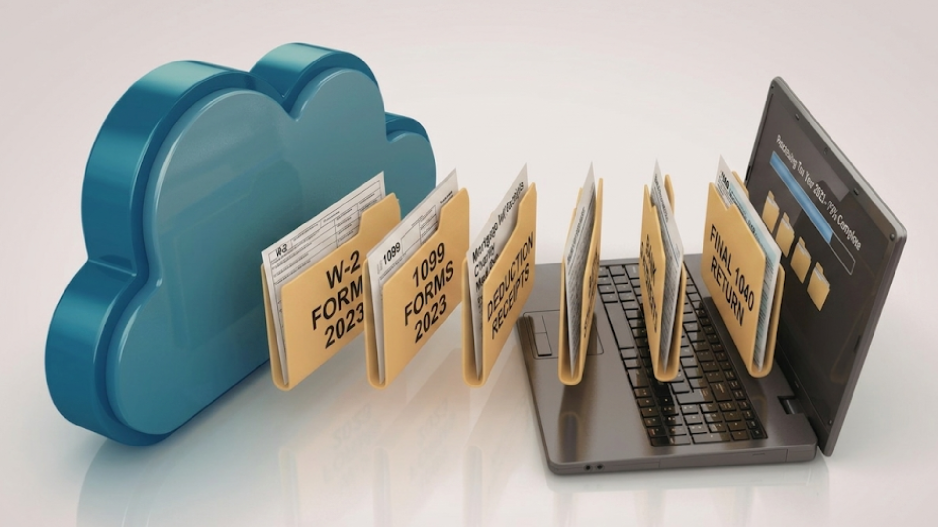 Illustration of tax document folders moving from cloud storage into a laptop.
