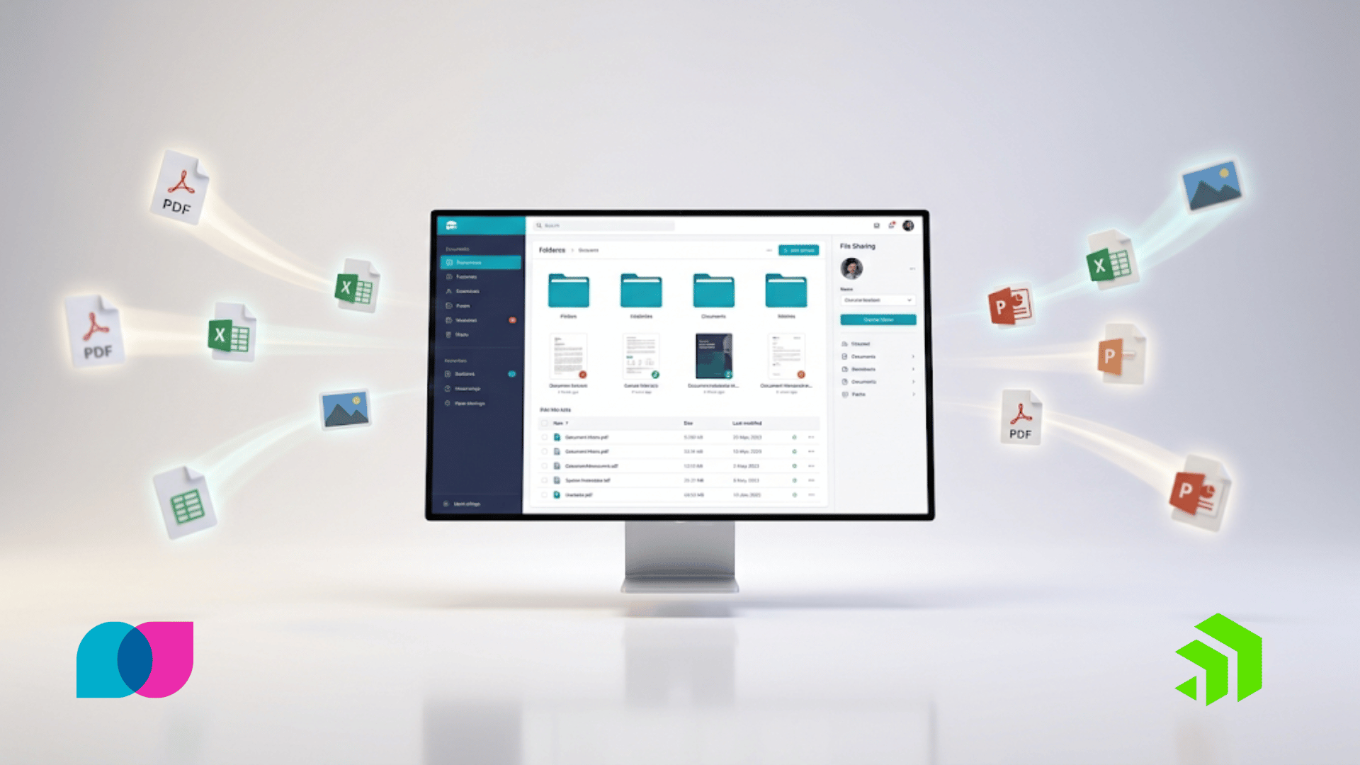 Liscio vs ShareFile comparison: a file-management interface on a monitor with documents being shared into organized folders.