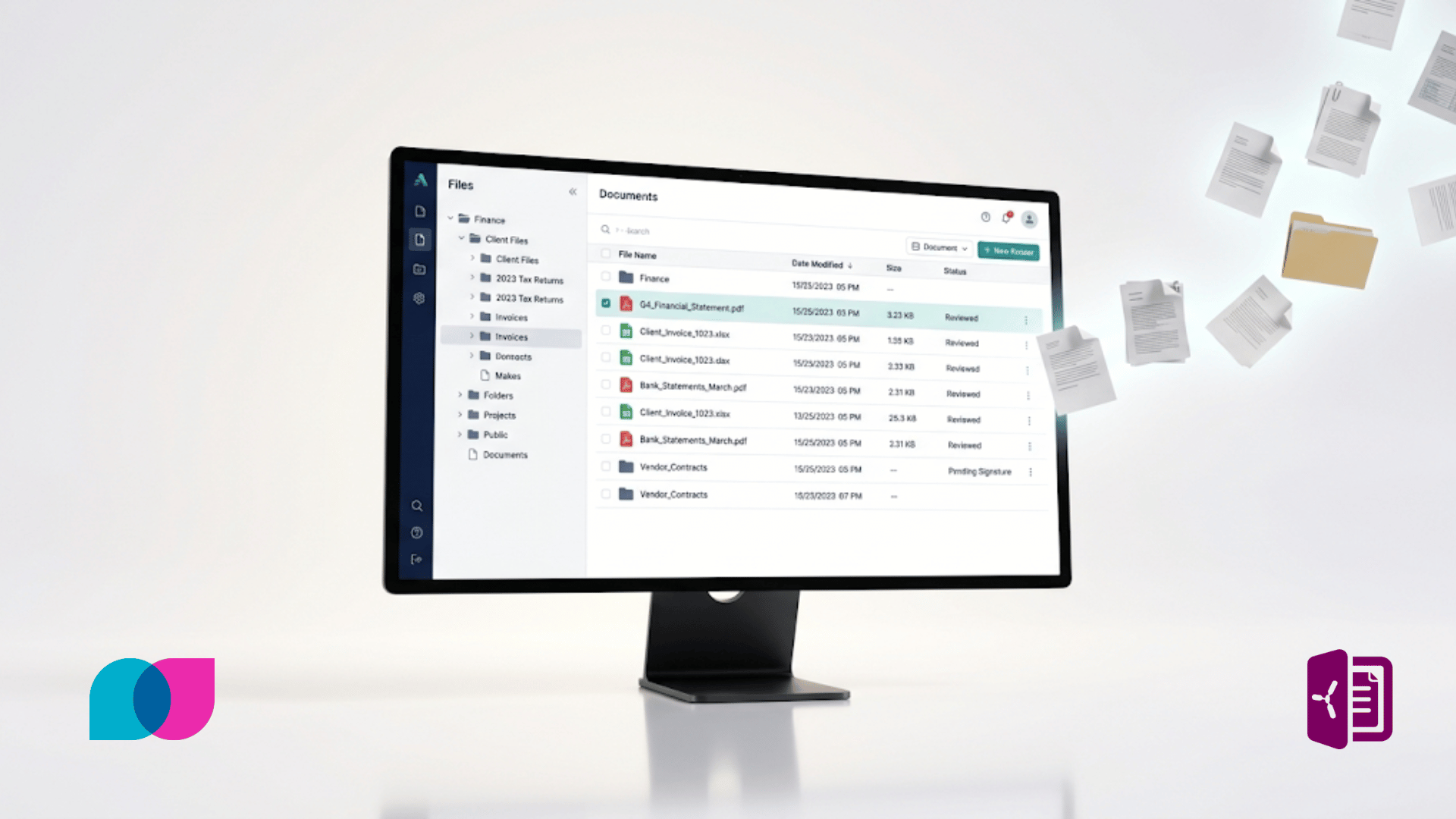 Liscio vs SmartVault comparison: a document-management interface on a monitor with files being organized into folders.
