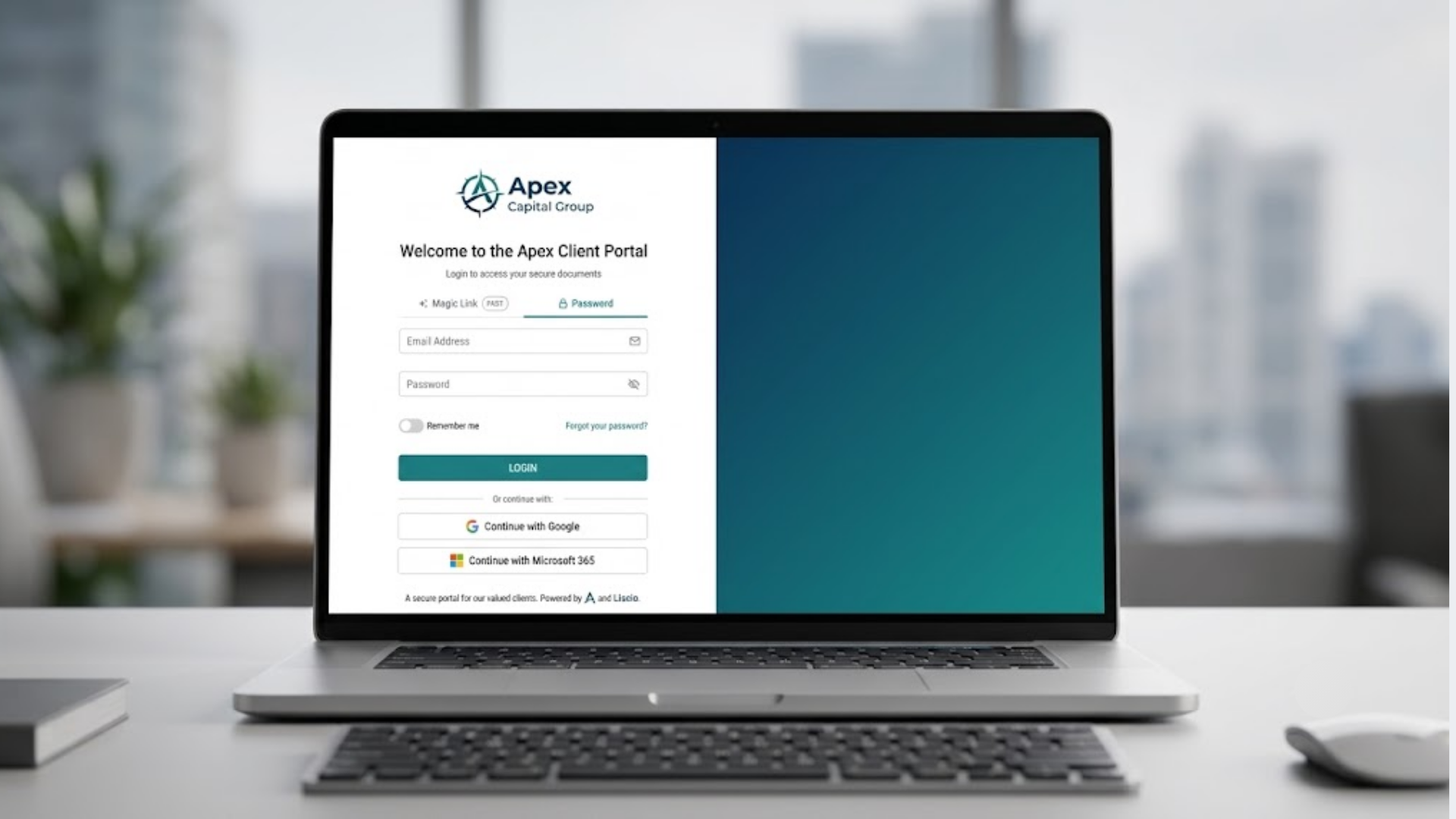 Liscio vs TaxDome: a Liscio-powered client portal login screen on a laptop, where a firm's clients sign in securely to access their documents.