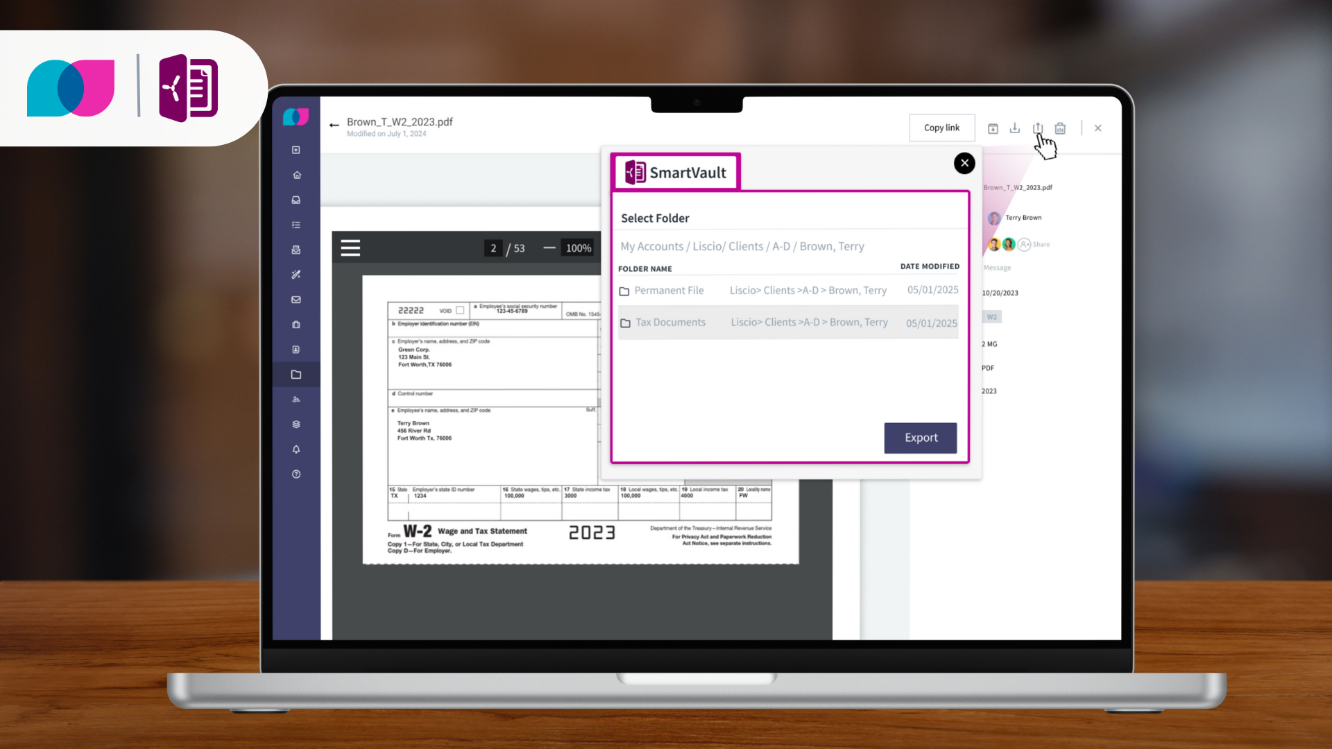 Laptop showing a client's W-2 being exported from Liscio into a SmartVault folder.