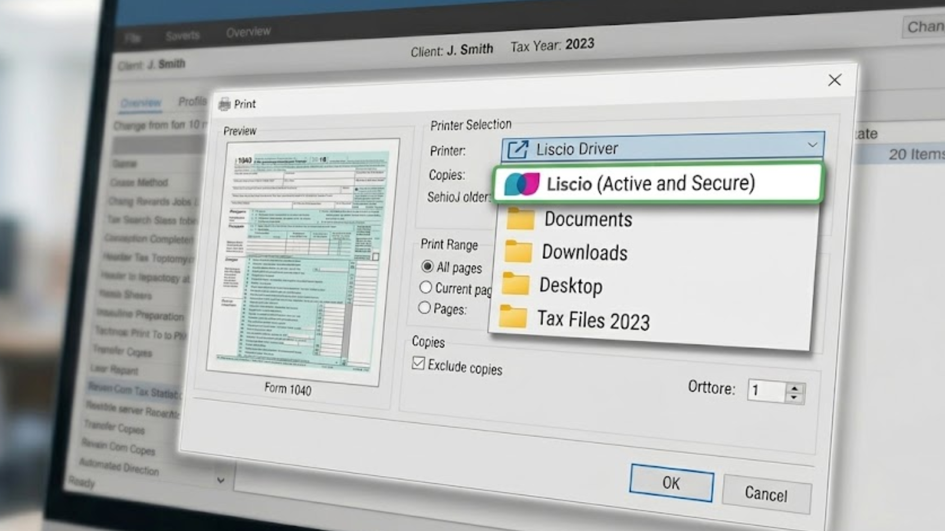 Print to Liscio from tax software: a return printing from Drake, Lacerte, ProSeries, and UltraTax straight into Liscio, where it arrives read and named.