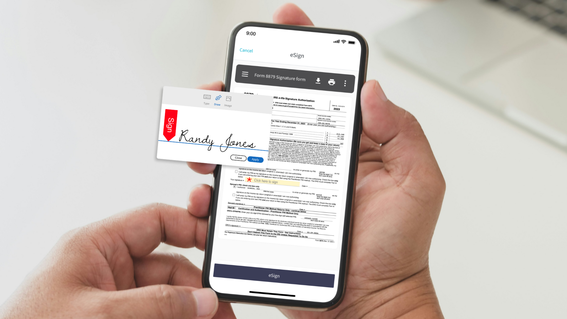 Hand holding a phone showing a client electronically signing Form 8879 in the Liscio app.