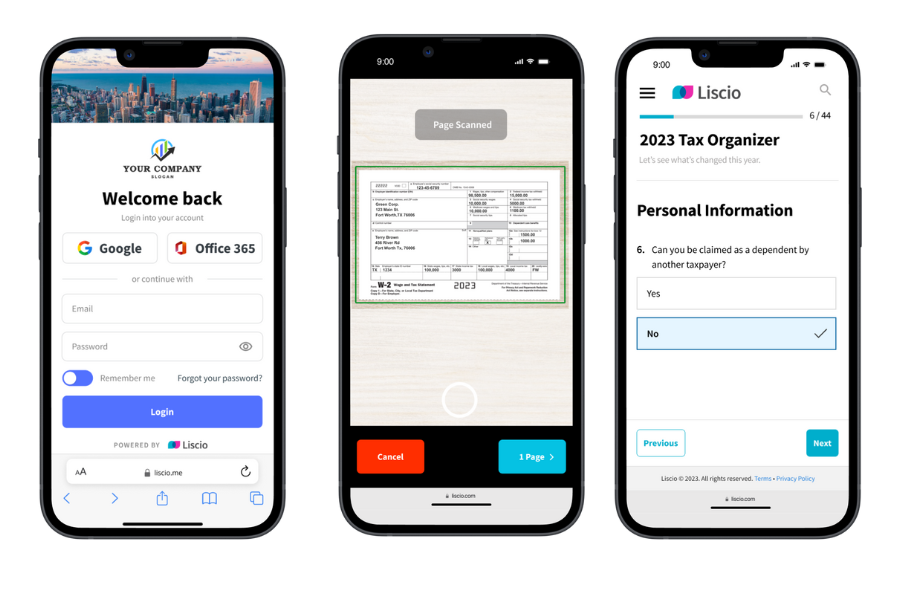 Client portal for accountants features on mobile view showing a custom branded login screen, a mobile document scanner, and a yes or no digital tax organizer