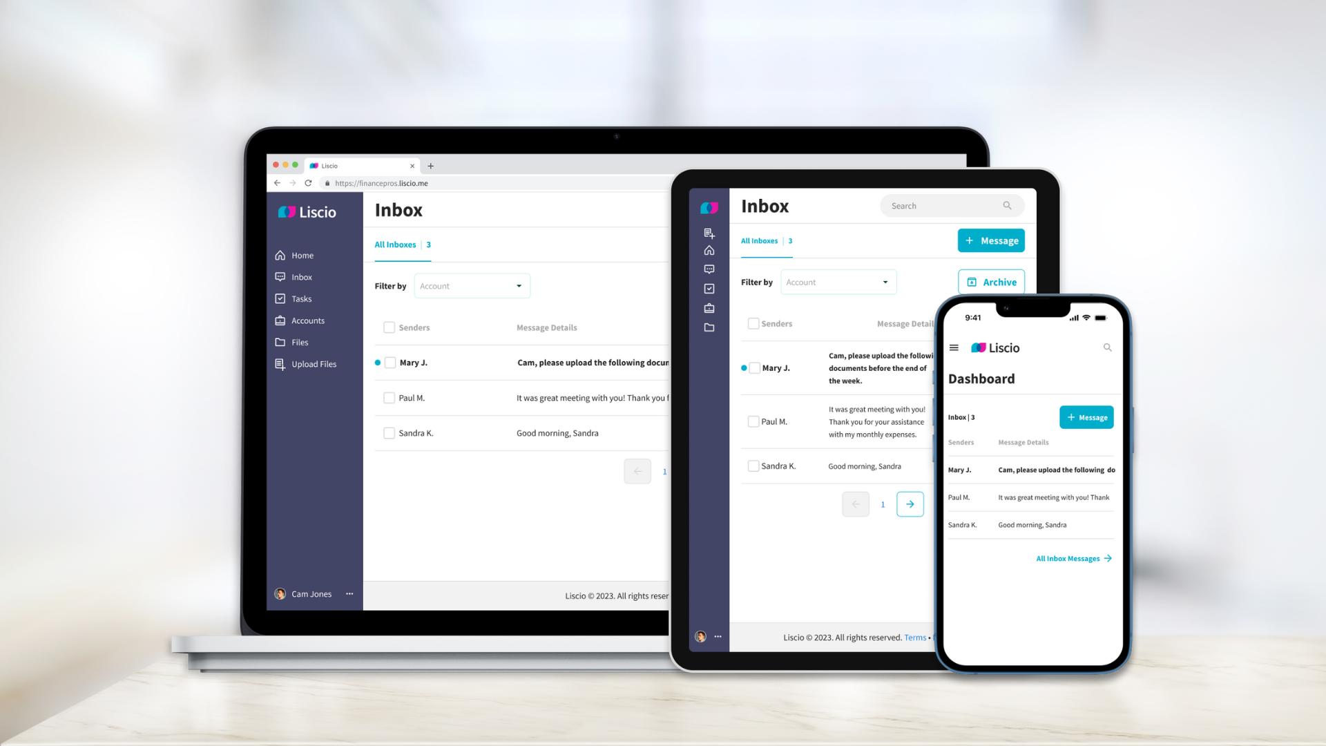 Laptop, tablet, and phone all showing the Liscio inbox with client messages.
