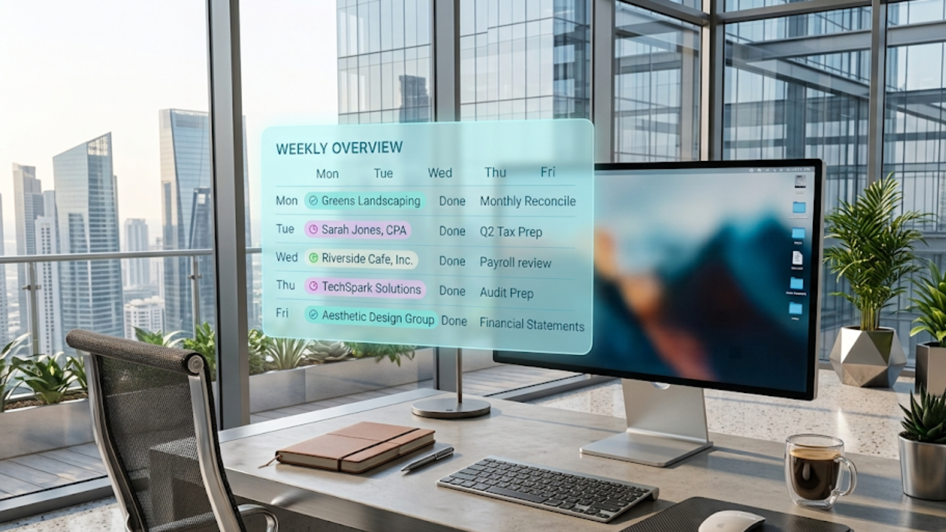 Weekly overview display listing client tasks and their completion status by day.