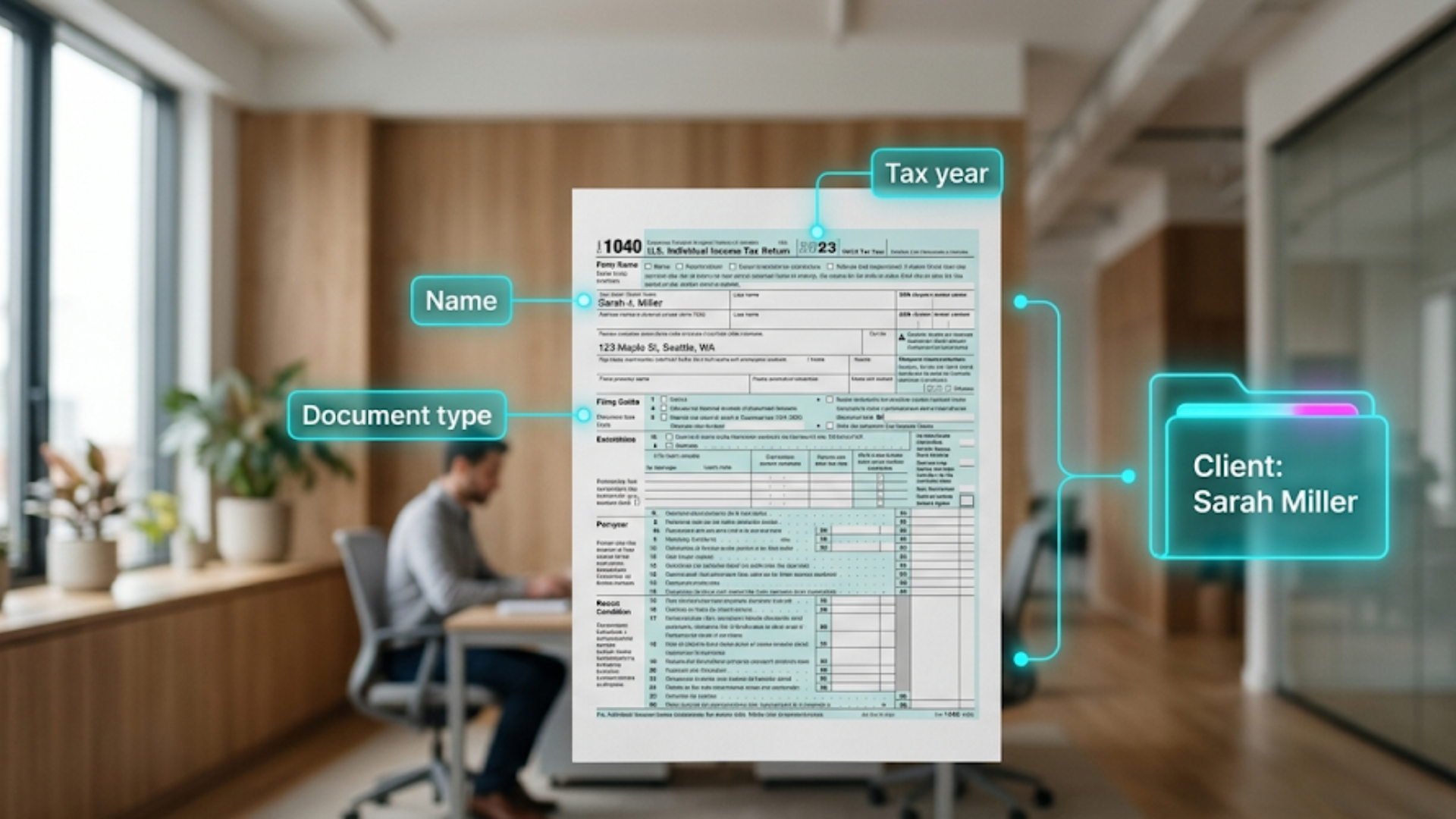 A 1040 tax form with labels identifying the client name, document type, and tax year.