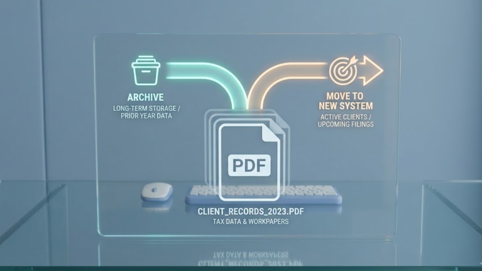 Diagram showing a client file being routed to either archive or a new active system.