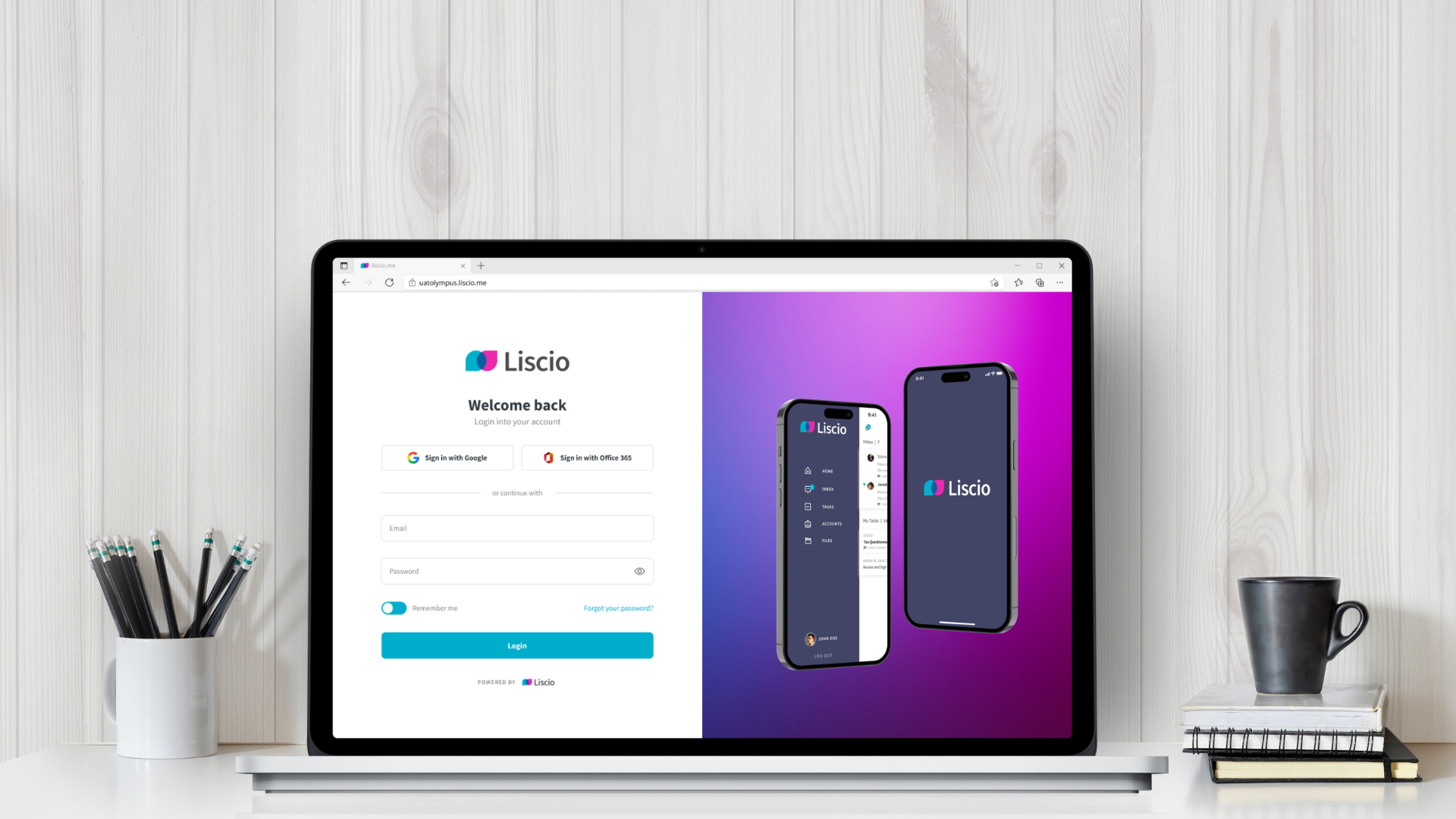 Laptop showing the Liscio login screen next to phone mockups of the app dashboard.