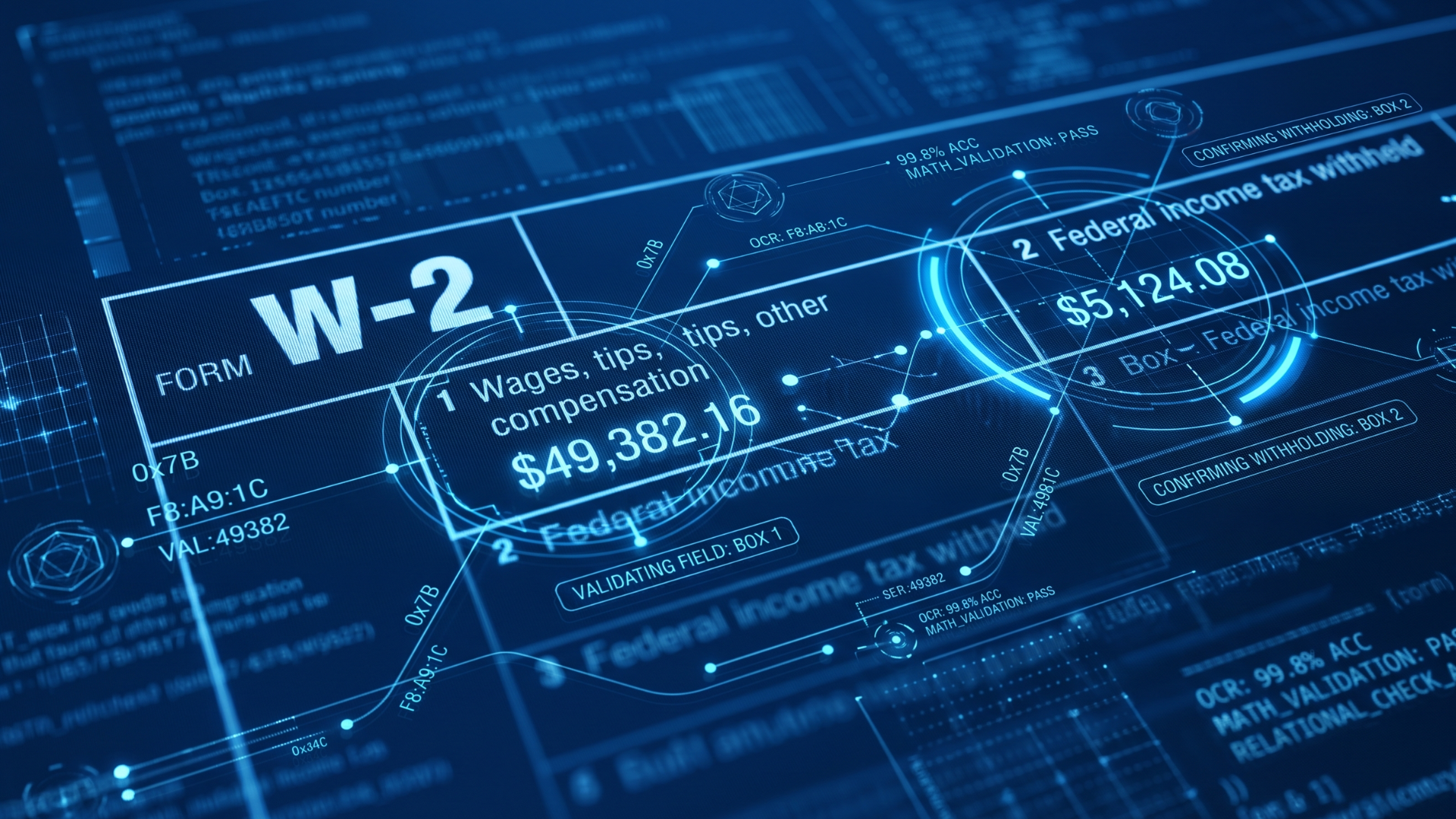 Close-up of a W-2 form overlaid with AI data-validation labels and extracted values.